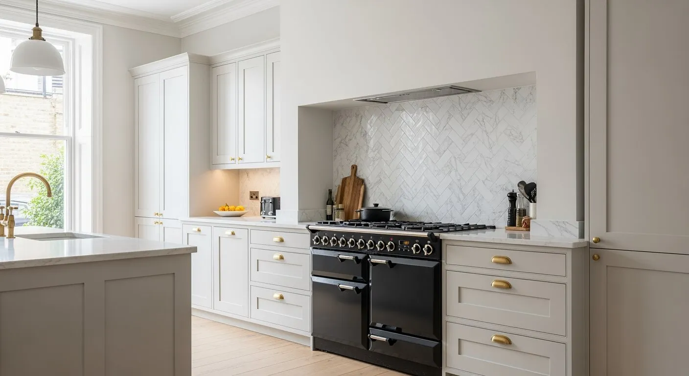 Bright modern kitchen with a white marble herringbone splashback behind a black range — tiling by A G Oakes Tiling