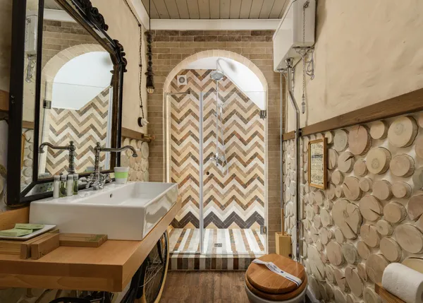 Warm herringbone-tiled floor